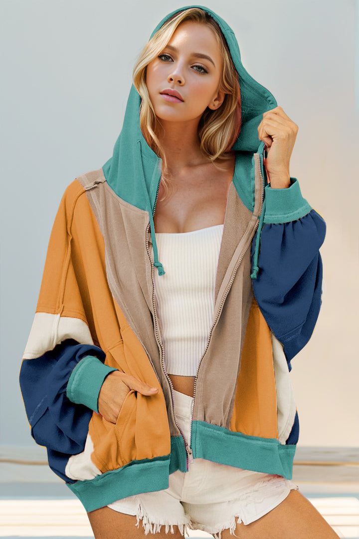 Double Take Full Size Color Block Zip Up Hoodie 