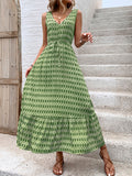 Perfee Printed V-Neck Tie Waist Midi Dress 