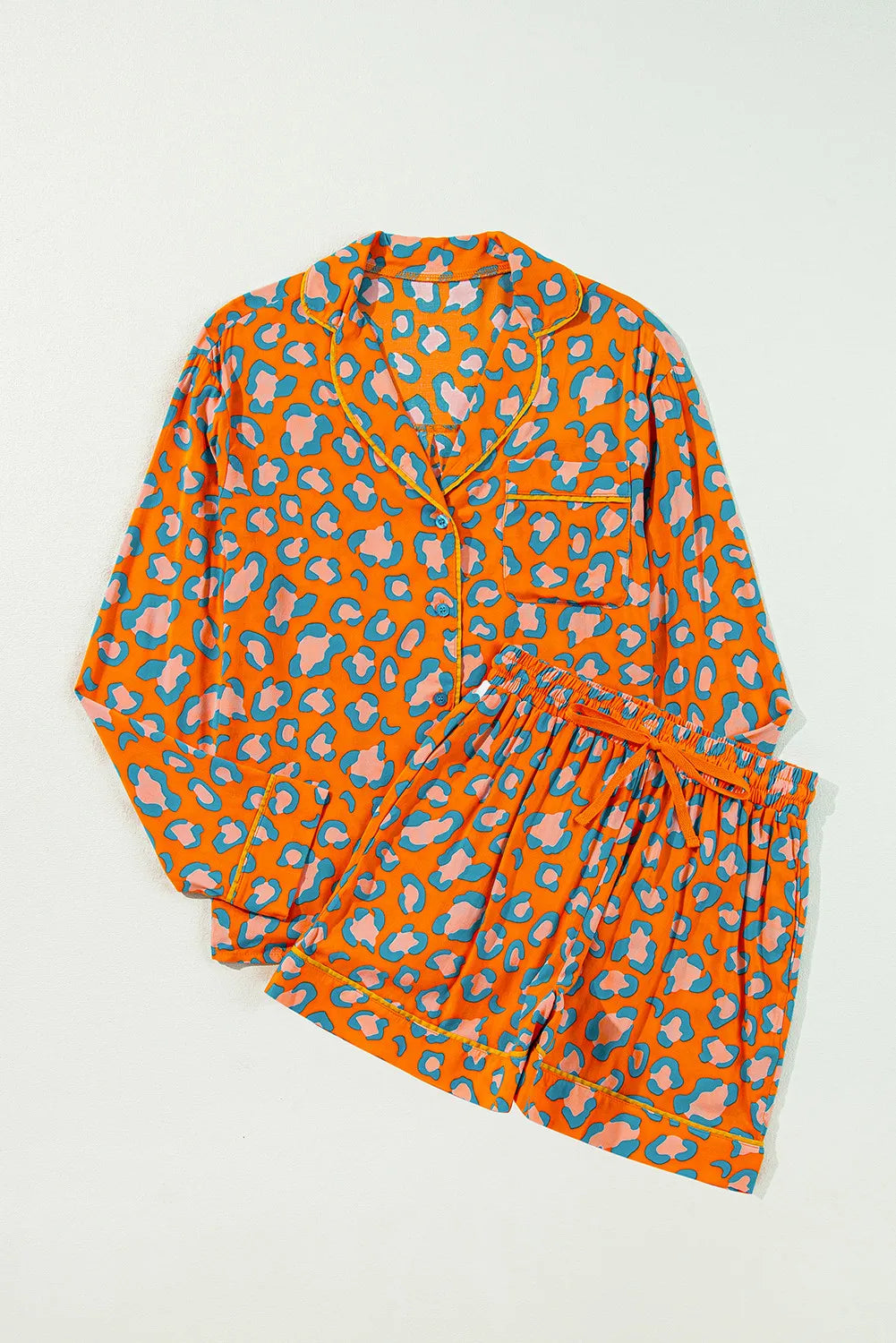 Leopard Collared Neck Long Sleeve Top and Shorts Lounge Set Lingerie & Nightwear