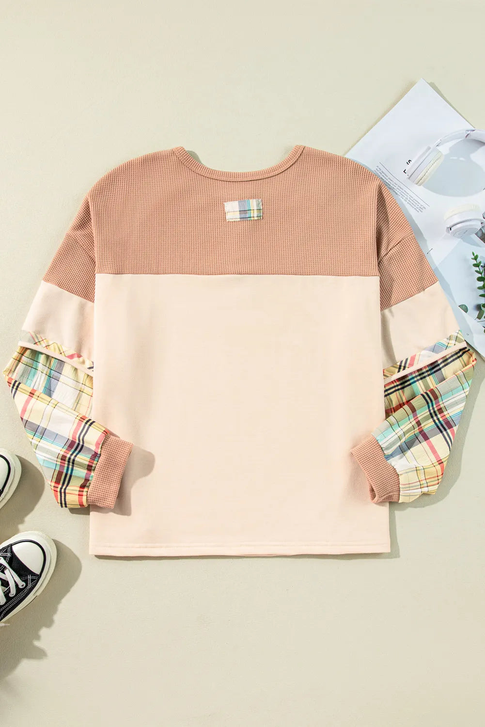 Plus Size Waffle-Knit Detail Plaid Round Neck Top 