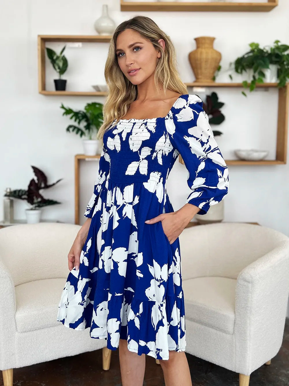 Double Take Full Size Floral Ruffle Hem Smocked Dress with Pockets 