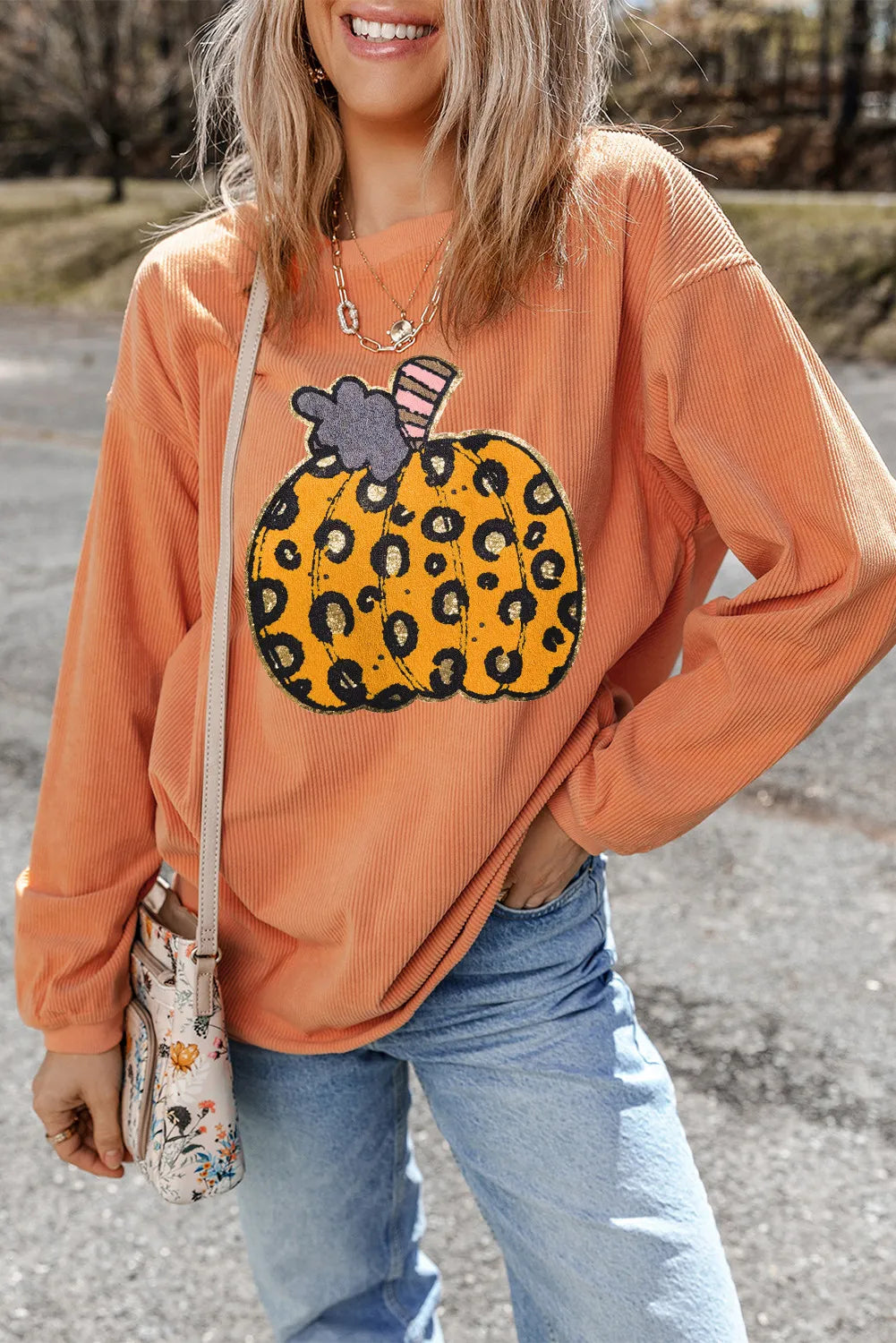 Pumpkin Round Neck Long Sleeve Sweatshirt 