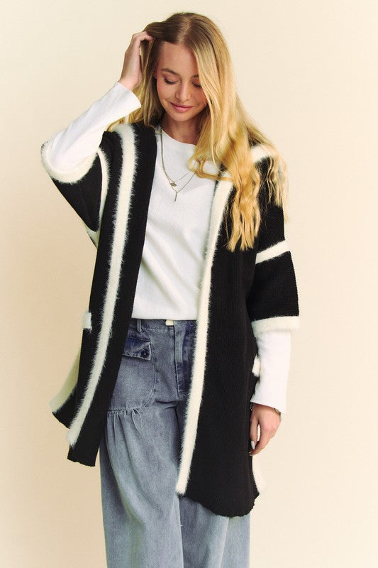 Davi & Dani Fuzzy Trim Open Front Loose Fit Cardigan 