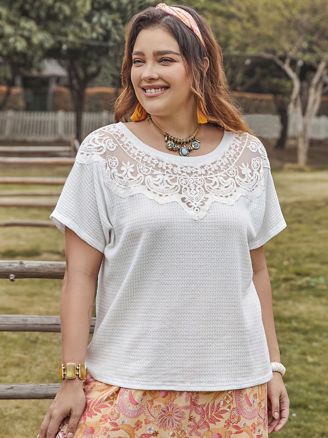 Plus Size Lace Detail Round Neck Short Sleeve Top 