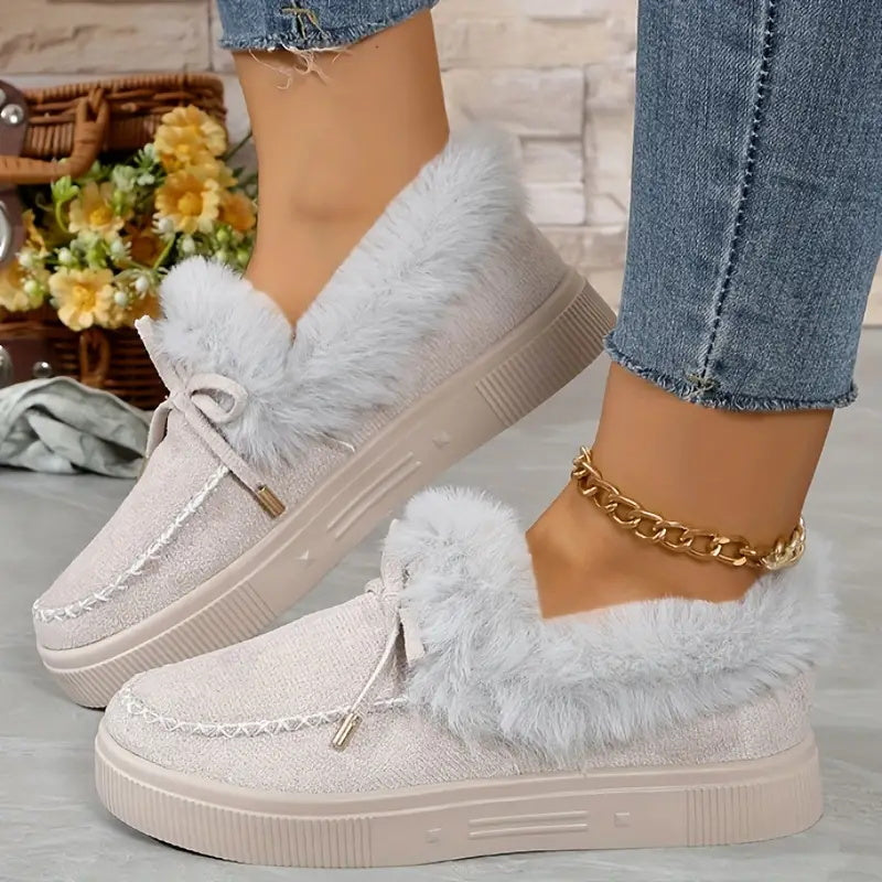 Bow Furry Round Toe Flat Slip-Ons 