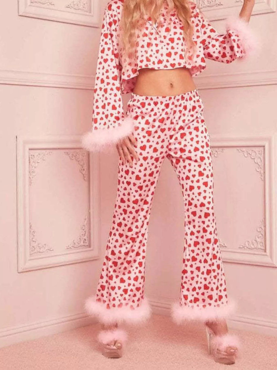Heart Print Long Sleeve Top and Pants Lounge Set Lingerie & Nightwear
