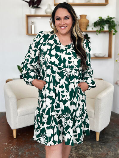 Double Take Full Size Printed Ruffle Hem Dress with Pocket 