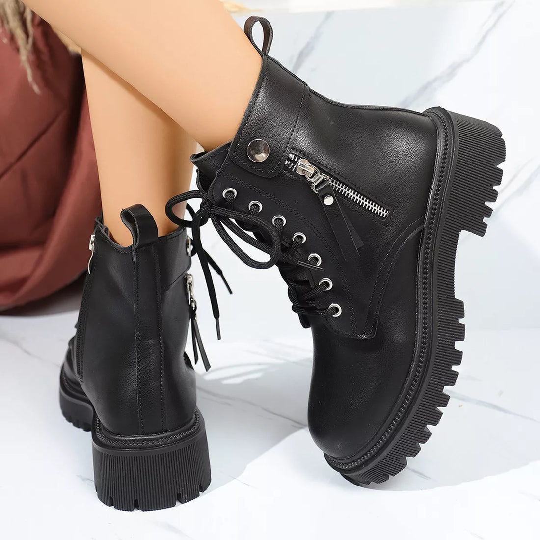 Round Toe Block Heels Boots 