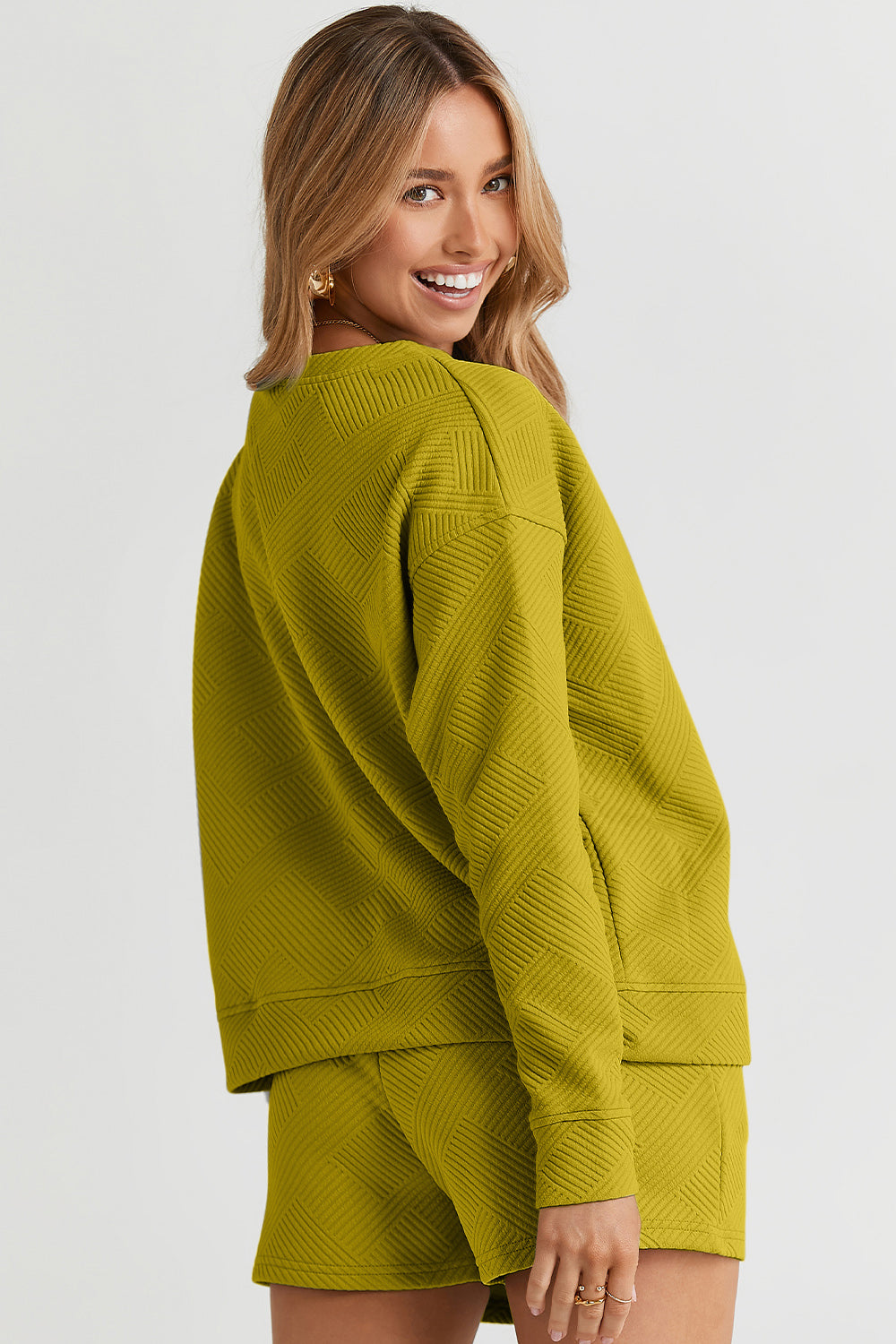 Double Take Full Size Texture Long Sleeve Top and Drawstring Shorts Set 