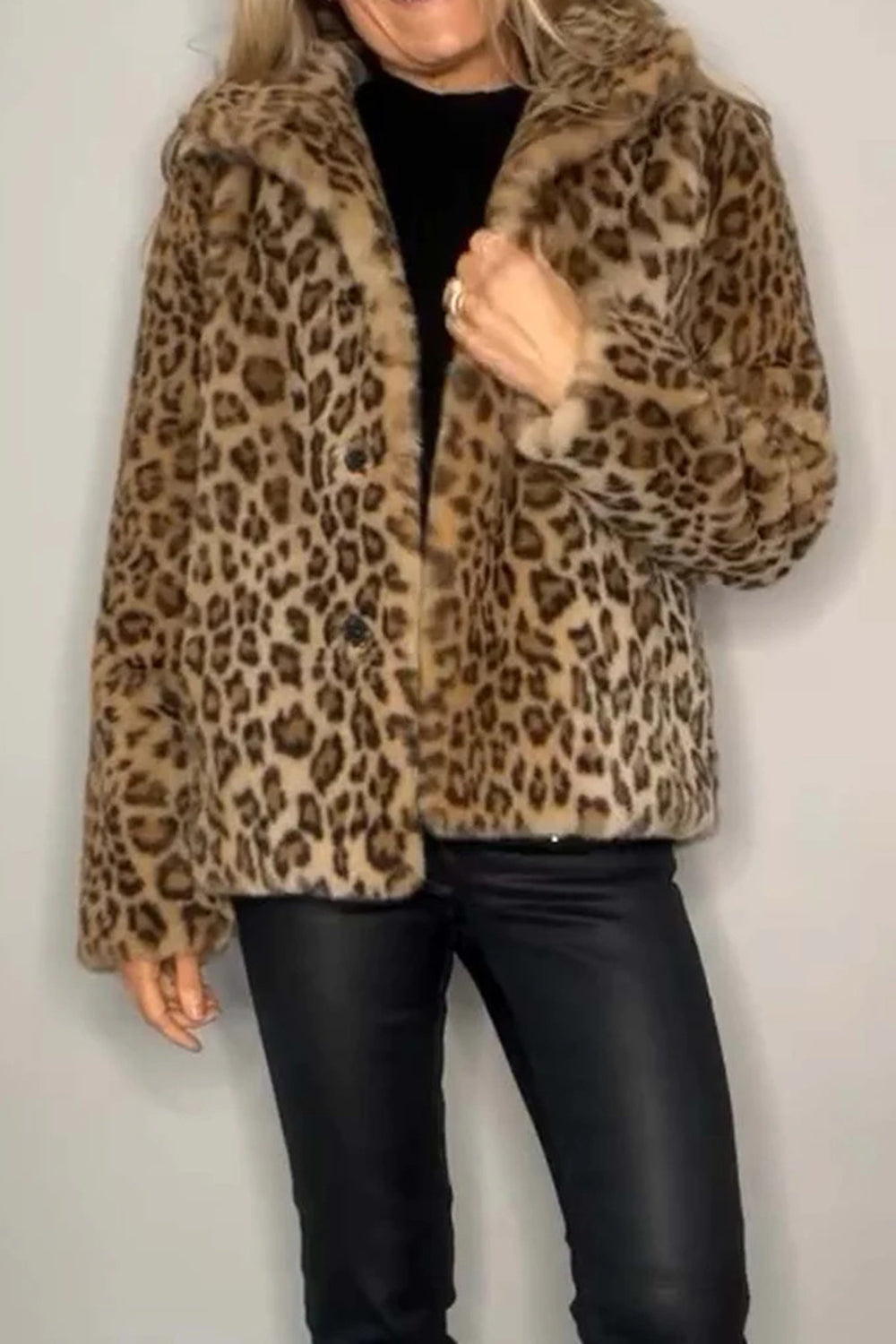Full Size Leopard Furry Collared Neck Long Sleeve Coat 