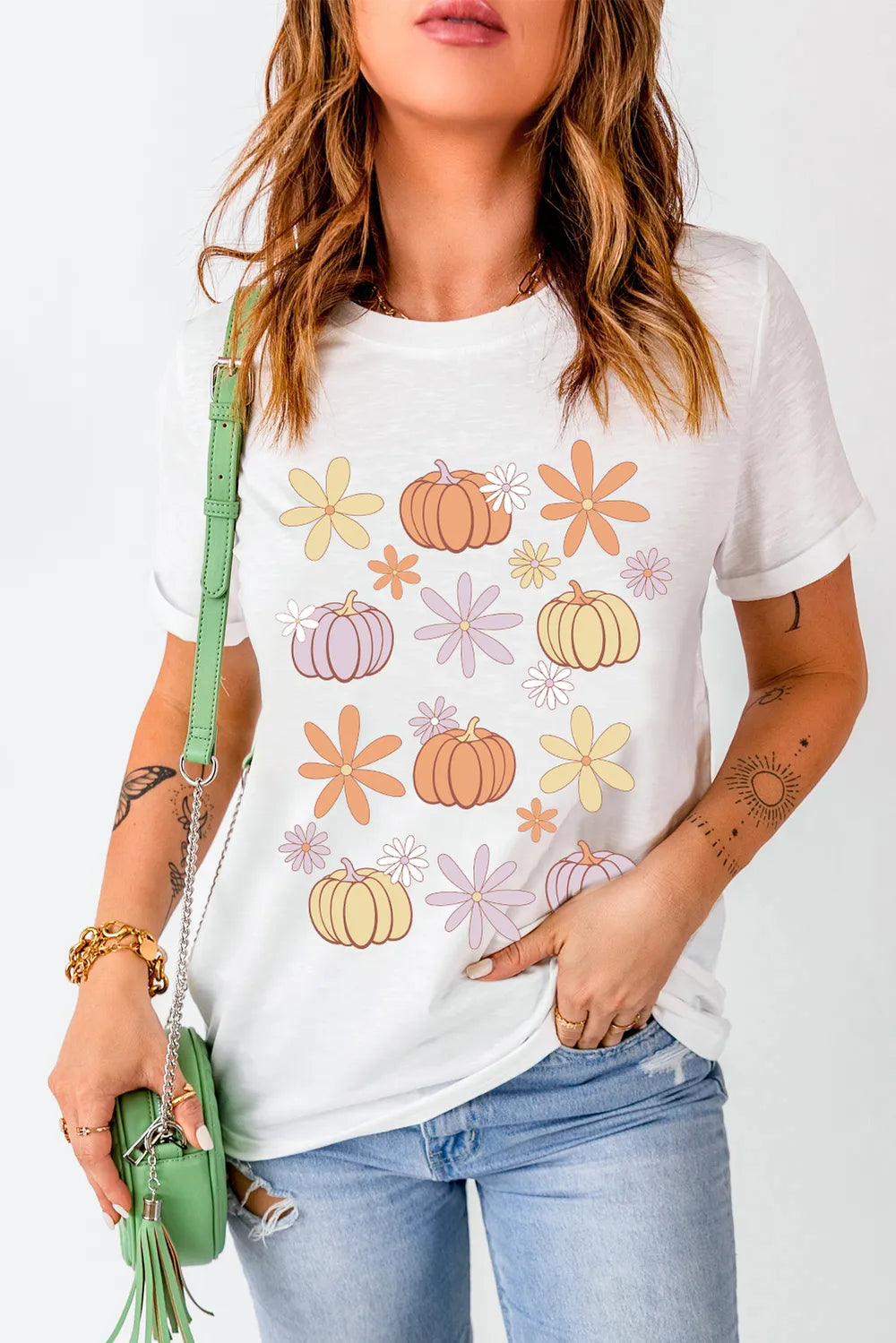 Pumpkin & Flower Round Neck Short Sleeve T-Shirt 