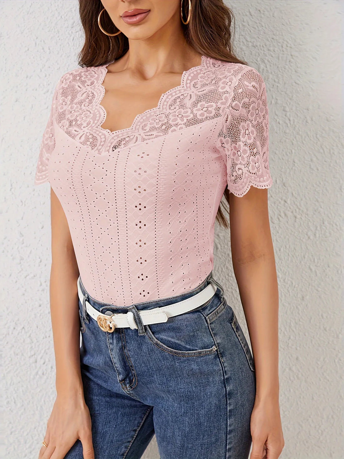 Lace Scalloped V-Neck Eyelet T-Shirt 