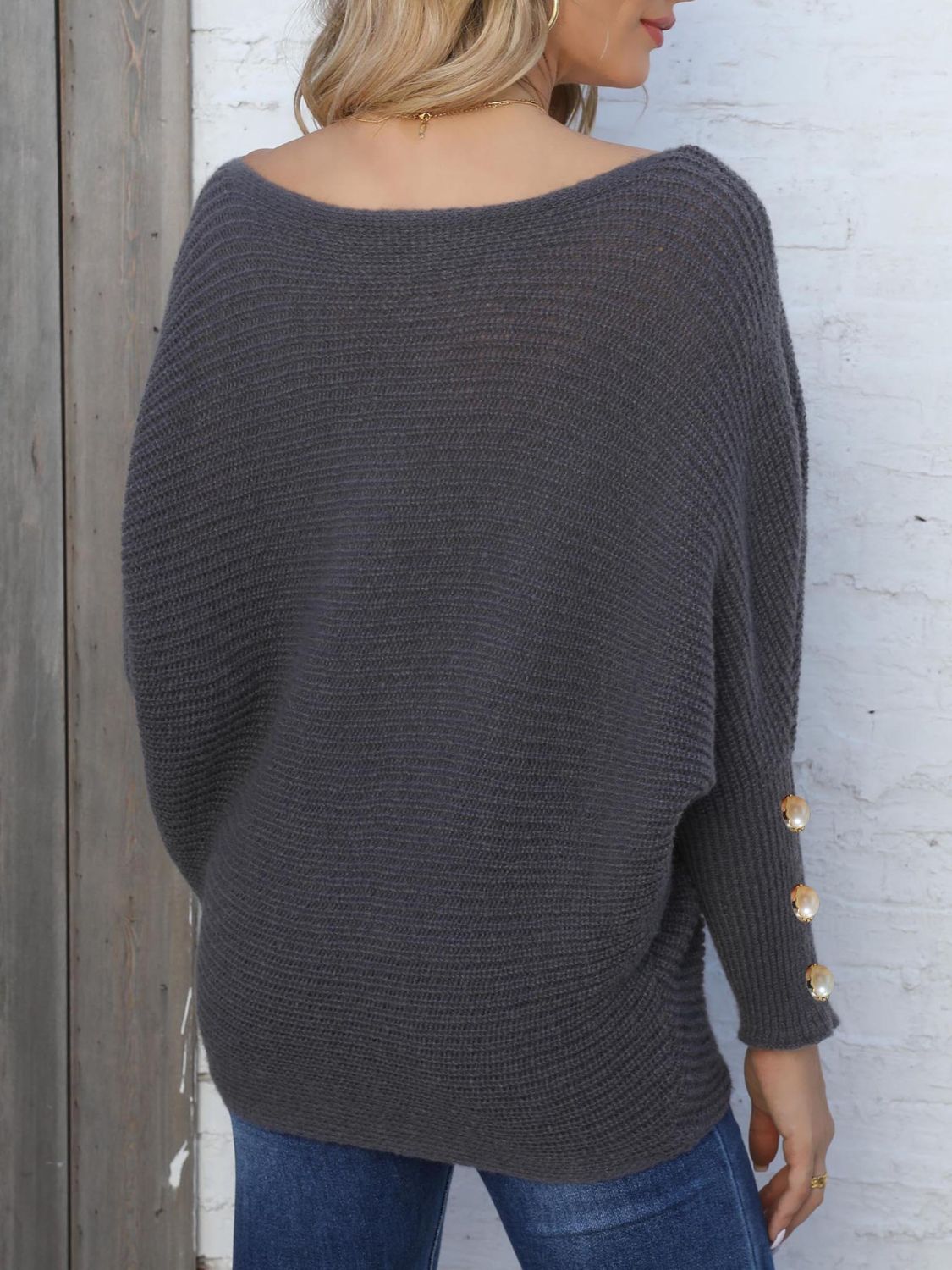 Full Size Boat Neck Long Sleeve Sweater 