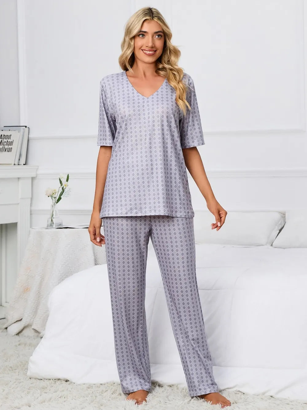 Printed V-Neck Top and Pants Lounge Set Lingerie & Nightwear