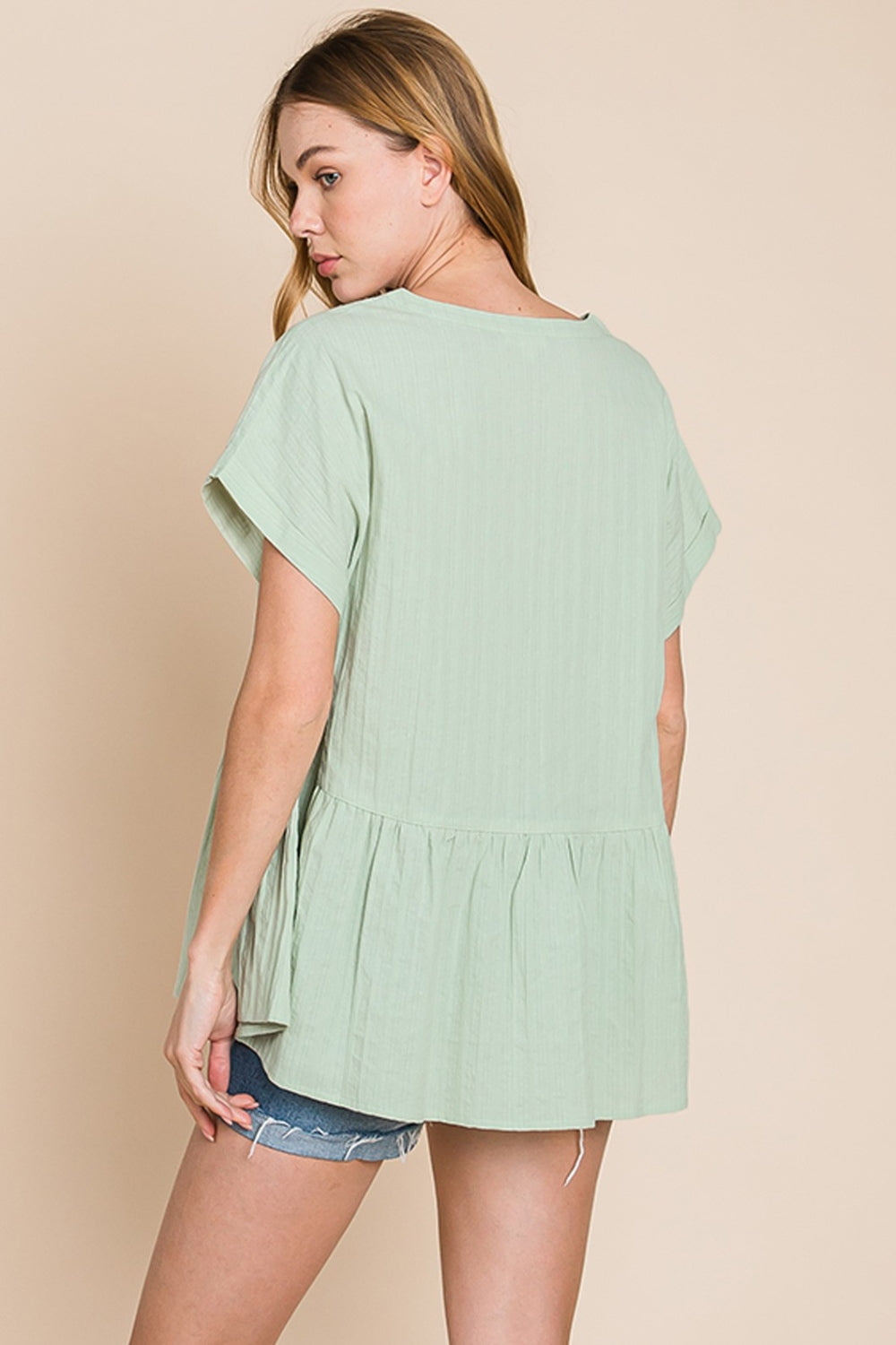 Cotton Bleu by Nu Lab Ruched Notched Short Sleeve Blouse 