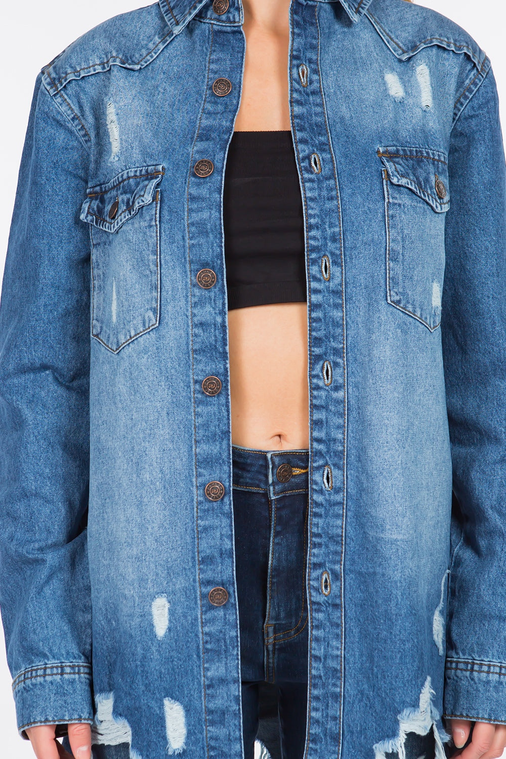 American Bazi Distressed Frayed Hem Denim Jacket 