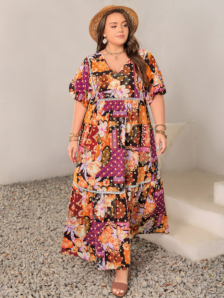 Plus Size Printed V-Neck Half Sleeve Maxi Dress 