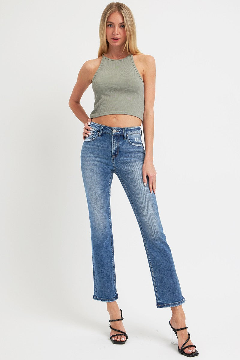 RISEN Full Size Mid Rise Ankle Straight Jeans with Pockets 