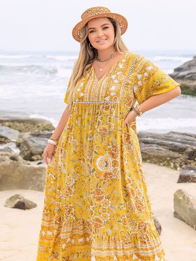Plus Size Floral Tie Neck Flutter Sleeve Maxi Dress Dresses