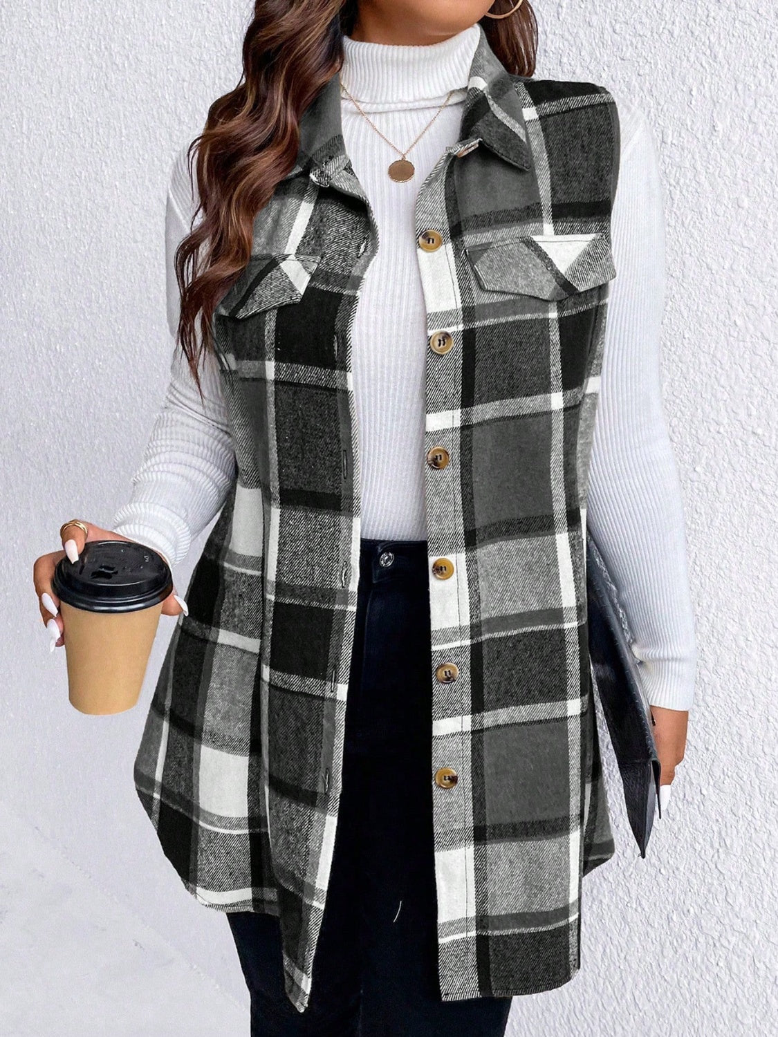 Honey Plus Size Pocketed Plaid Button Up Vest Coat 