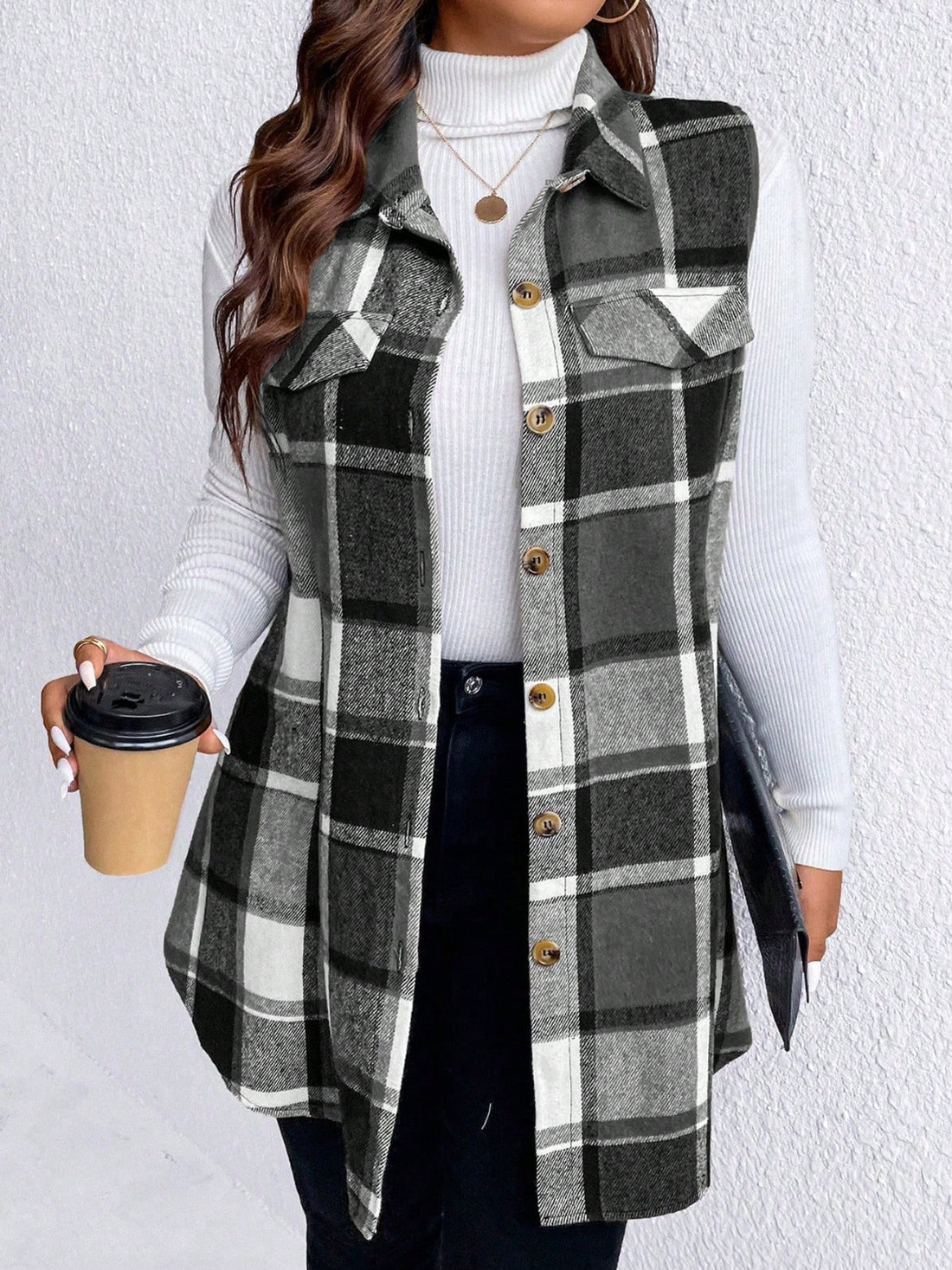 Honey Plus Size Pocketed Plaid Button Up Vest Coat 