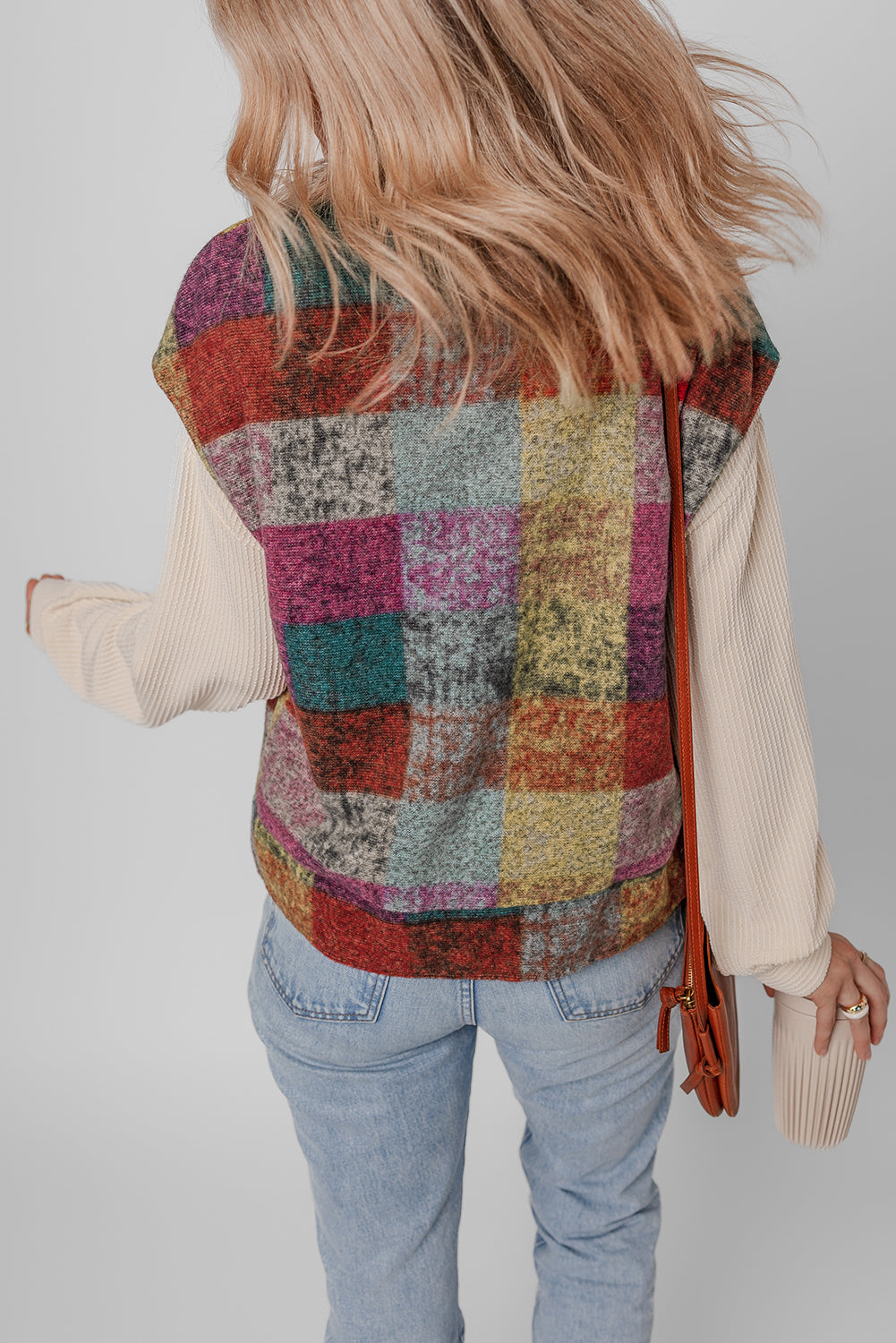 Multicolor Plaid Print Side Pockets Zipped Loose Vest Outerwear/Vests