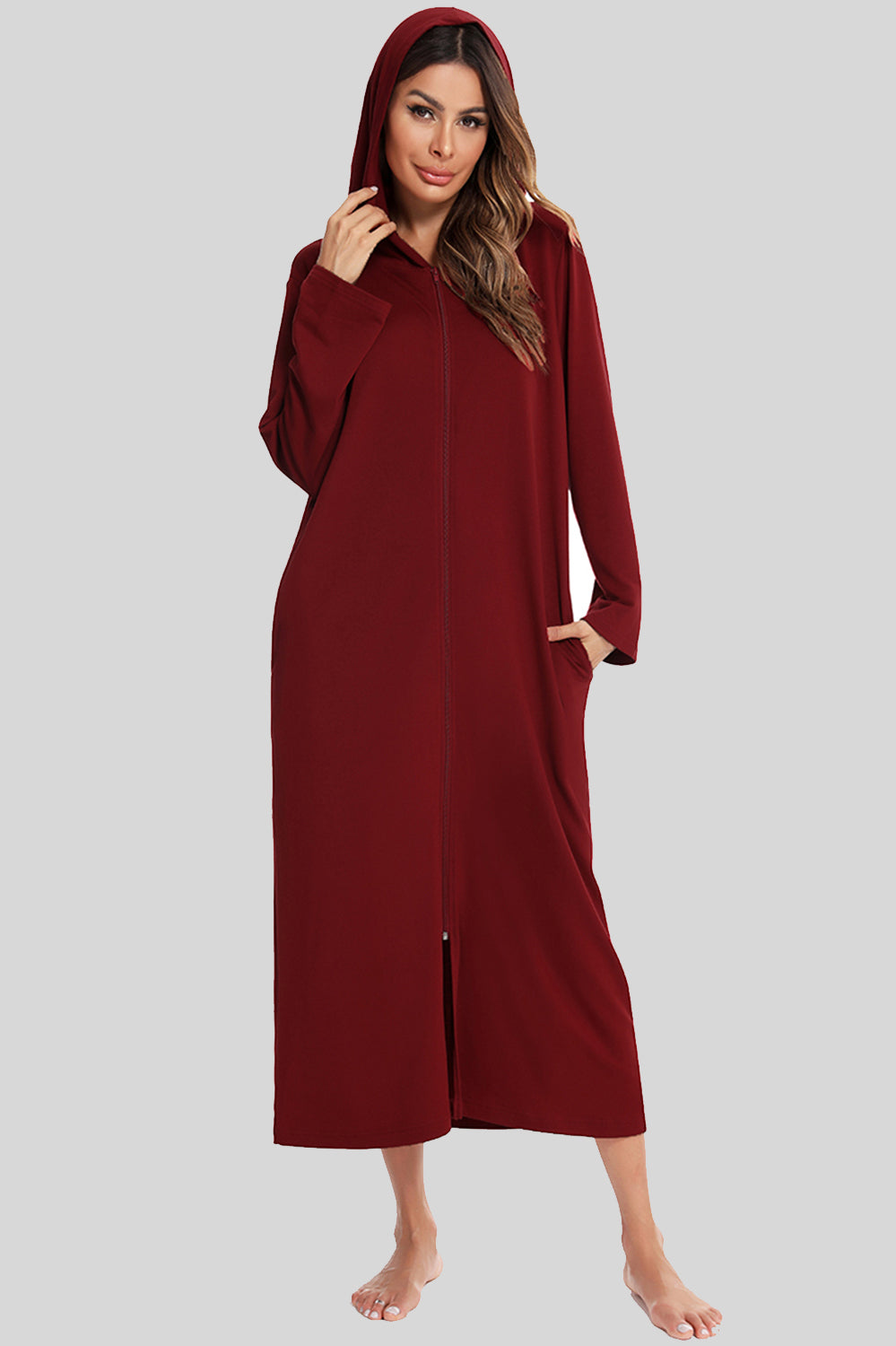 Zip Front Hooded Night Dress with Pockets 
