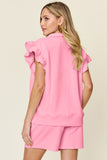 Double Take Full Size Texture Flounce Sleeve Top and Drawstring Shorts Set 