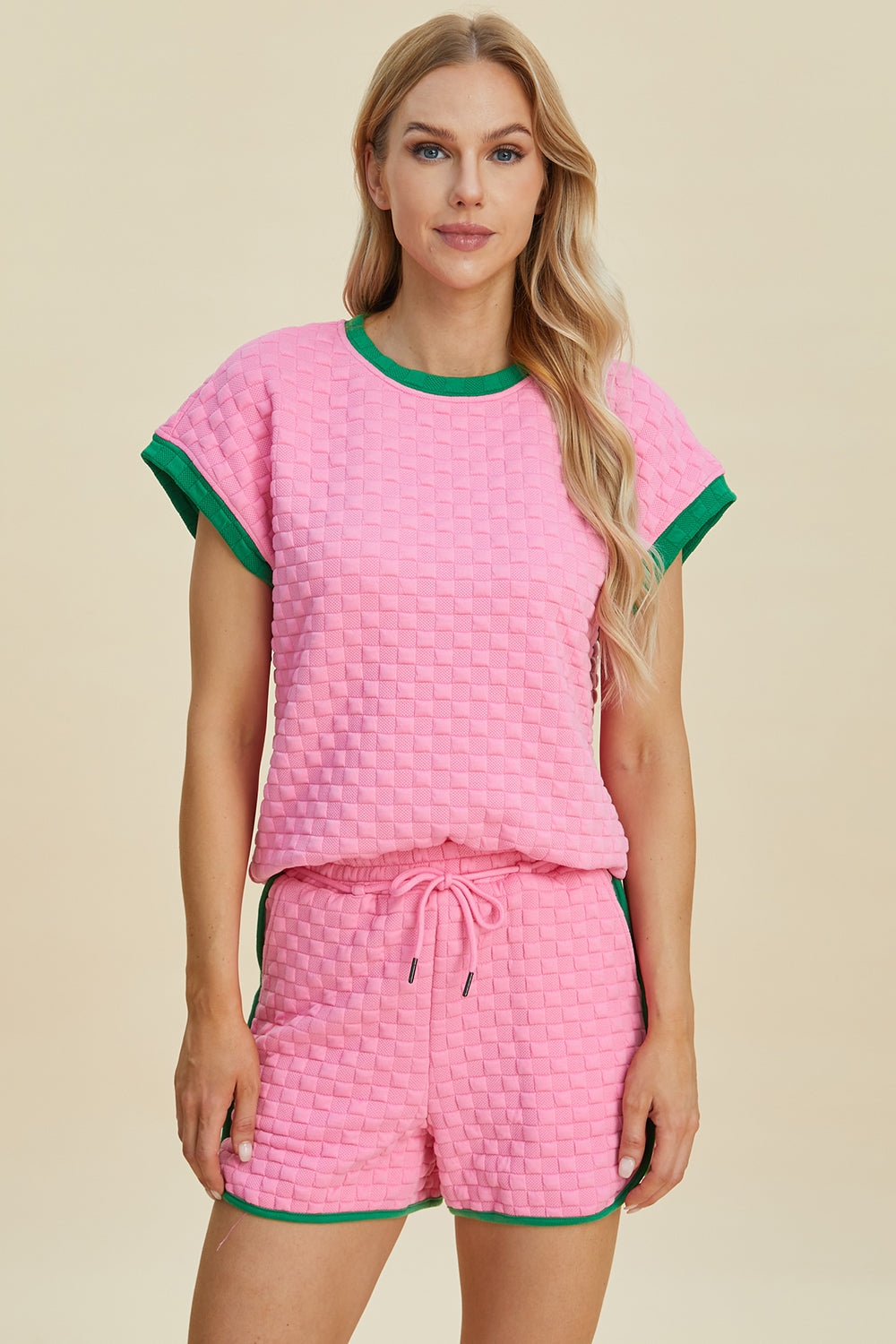 Double Take Full Size Texture Contrast T-Shirt and Shorts Set 