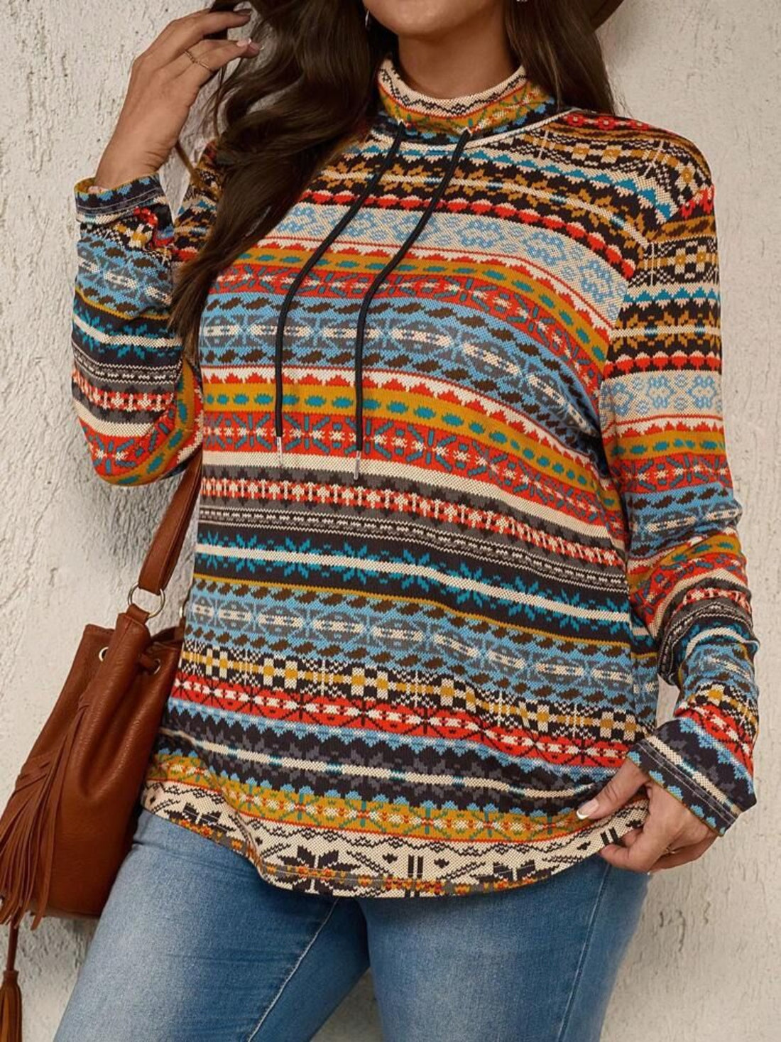Plus Size Drawstring Printed Mock Neck Long Sleeve Top 