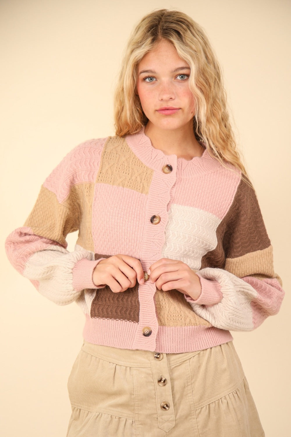 VERY J Color Block Button Down Textured Sweater Cardigan 