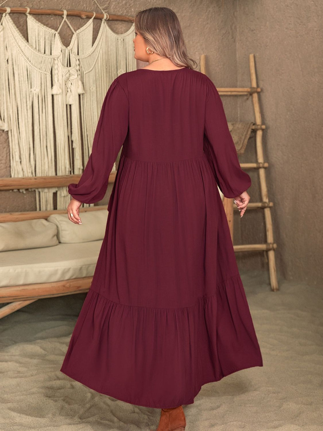 Plus Size Ruffled V-Neck Long Sleeve Dress 