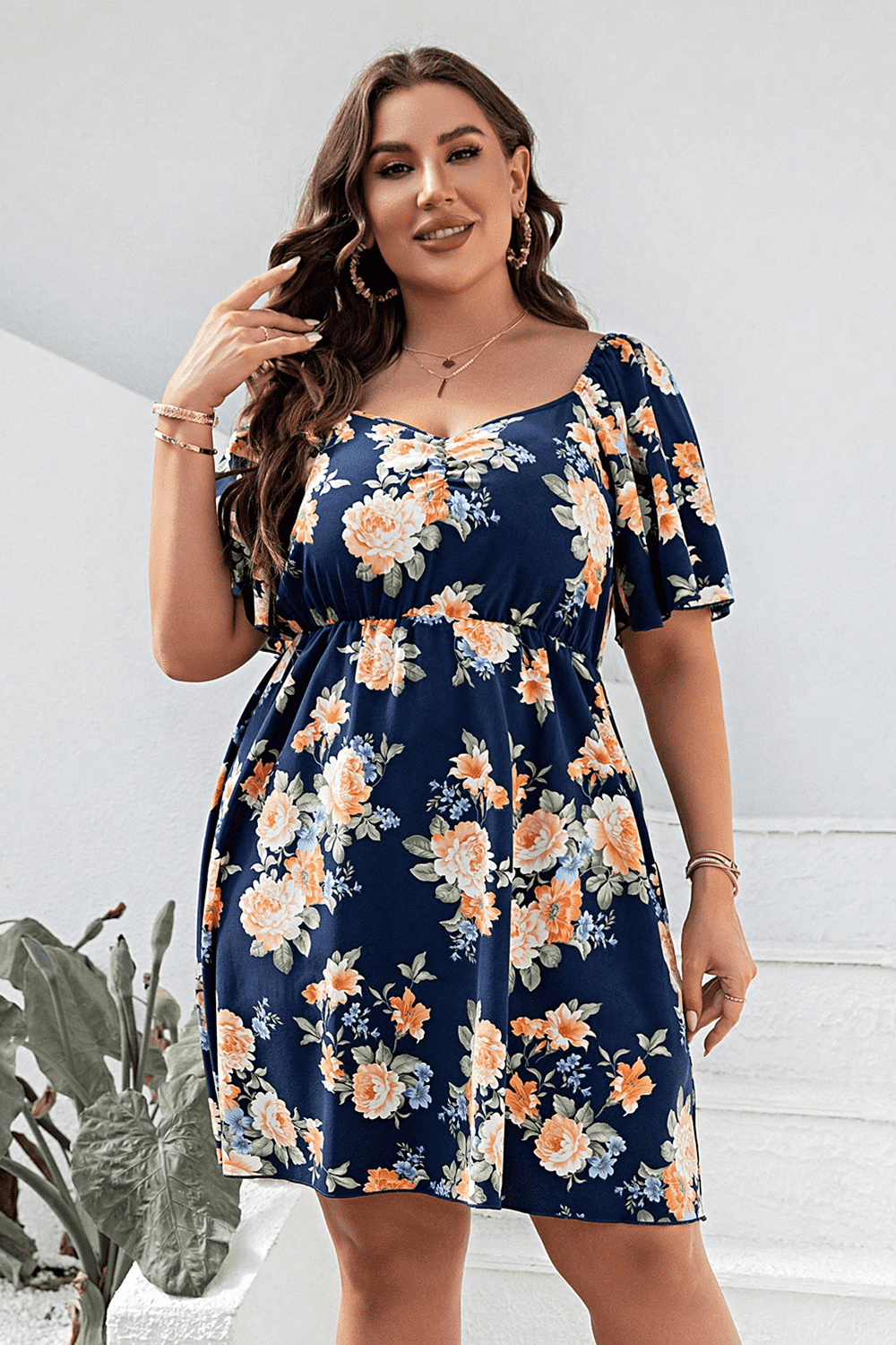 Plus Size Floral Print V-Neck Flutter Sleeve Mini Dress 
