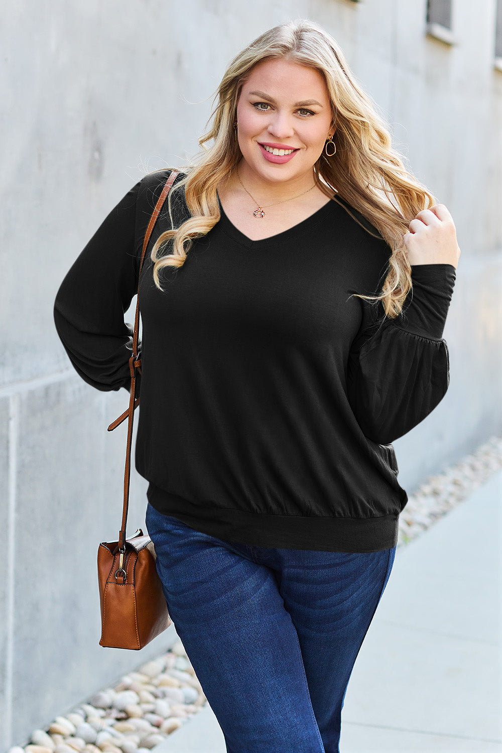 Basic Bae Full Size V-Neck Lantern Sleeve Top 
