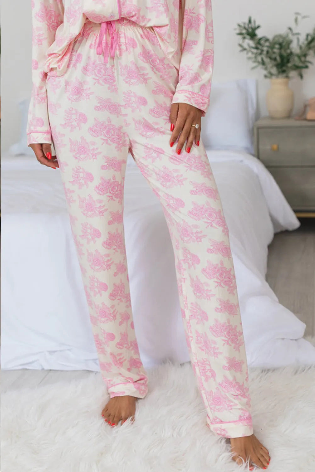 Printed Button Up Long Sleeve Top and Pants Lounge Set Lingerie & Nightwear