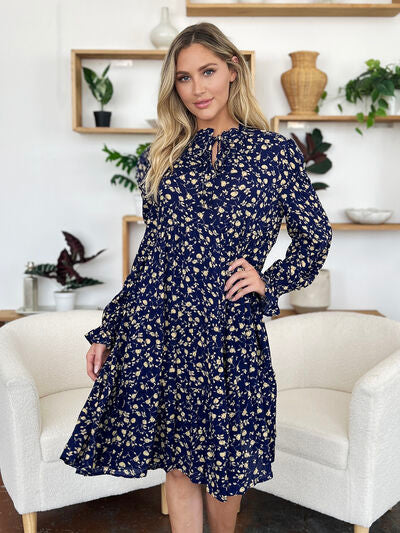Double Take Full Size Printed Ruffle Hem Long Sleeve Tiered Dress 