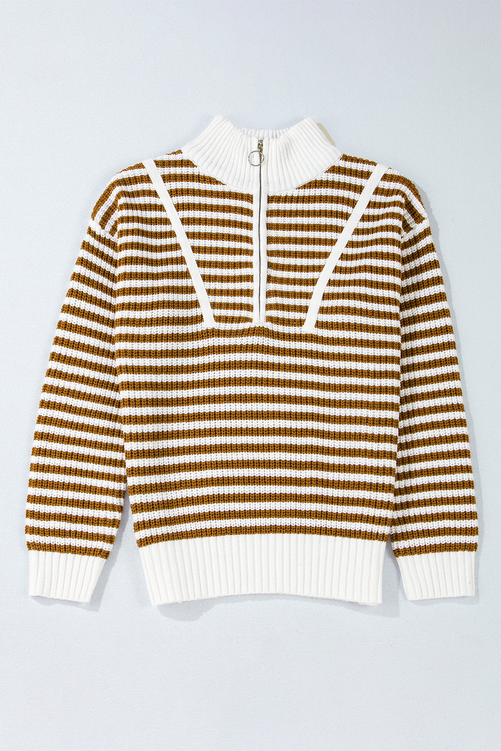 Khaki Stripe Zip up Collar Drop Shoulder Sweater Sweaters & Cardigans/Sweaters