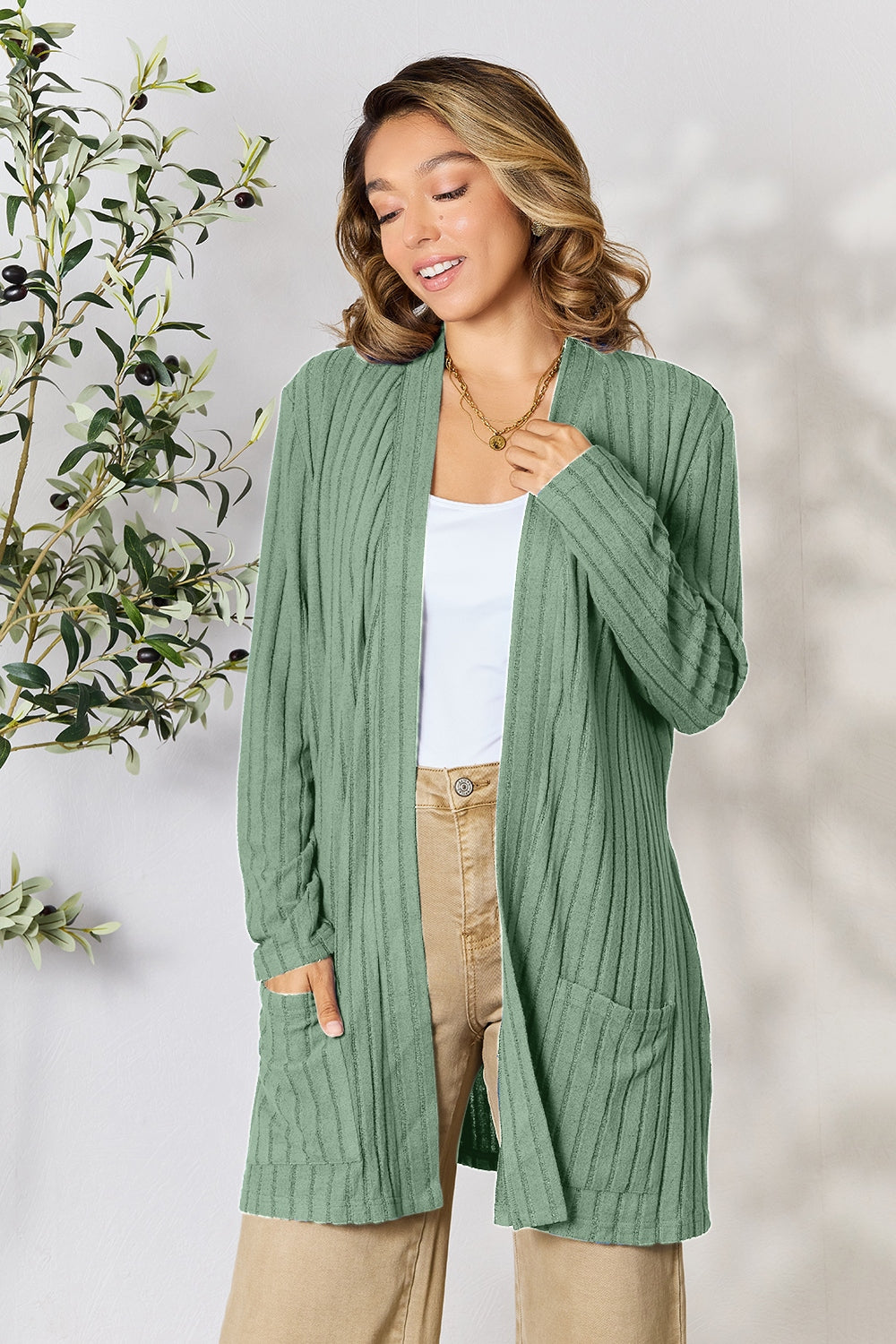 Basic Bae Full Size Ribbed Open Front Cardigan with Pockets 