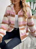 Drawstring Striped Zip Up Hooded Jacket 
