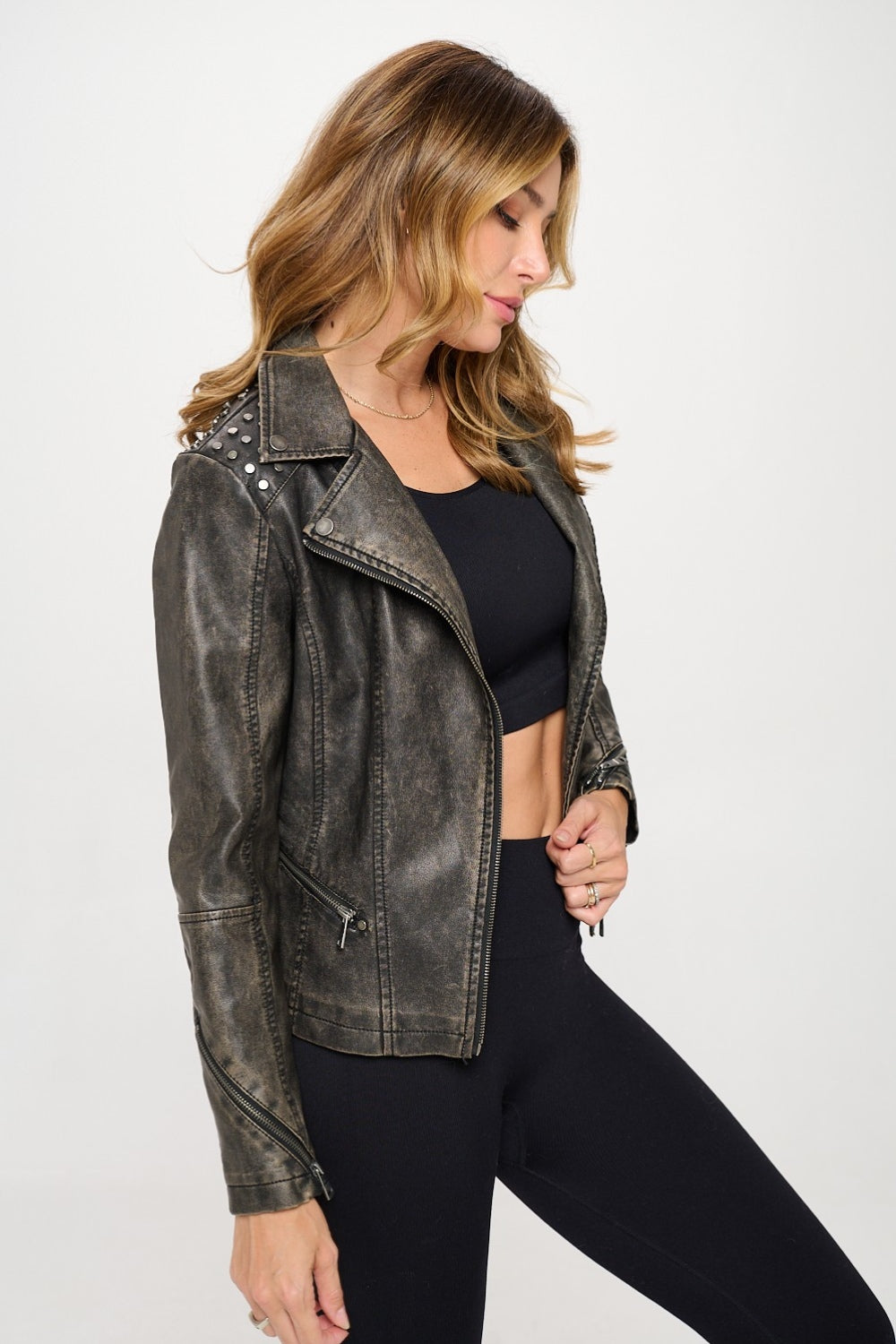 Coalition LA Studded Classic Moto Faux Leather Jacket 