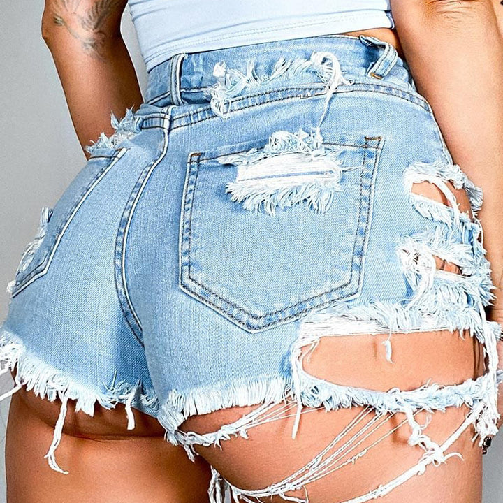 Asymmetrical Distressed Denim Shorts 