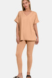 Zenana Full Size V-Neck Rolled Short Sleeve T-Shirt and Leggings Lounge Set 