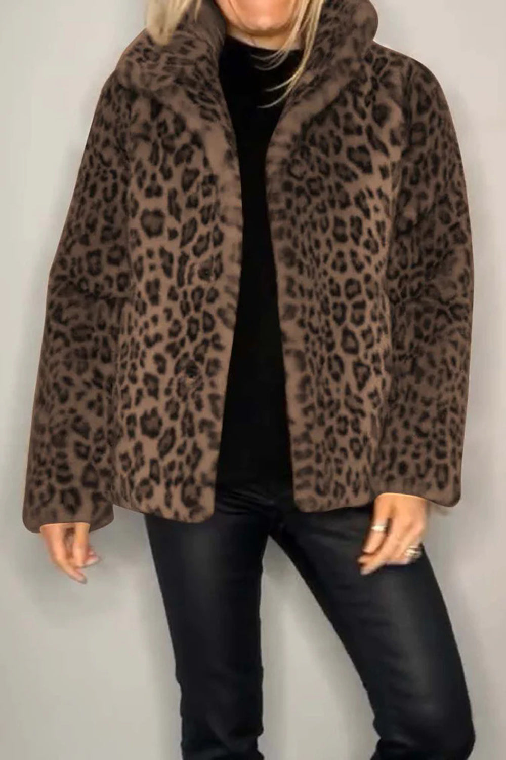Full Size Leopard Furry Collared Neck Long Sleeve Coat 