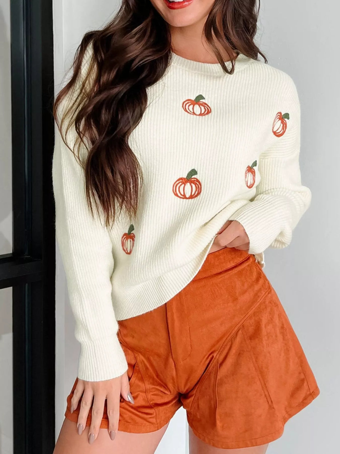 Halloween Pumpkin Embroidered Round Neck Long Sleeve Sweater 