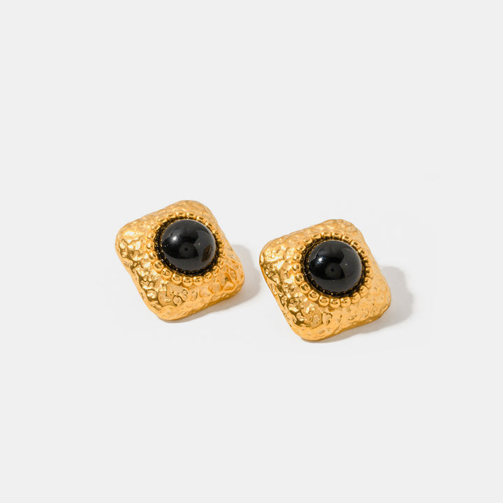 Square Stainless Steel Natural Black Onyx Earring 