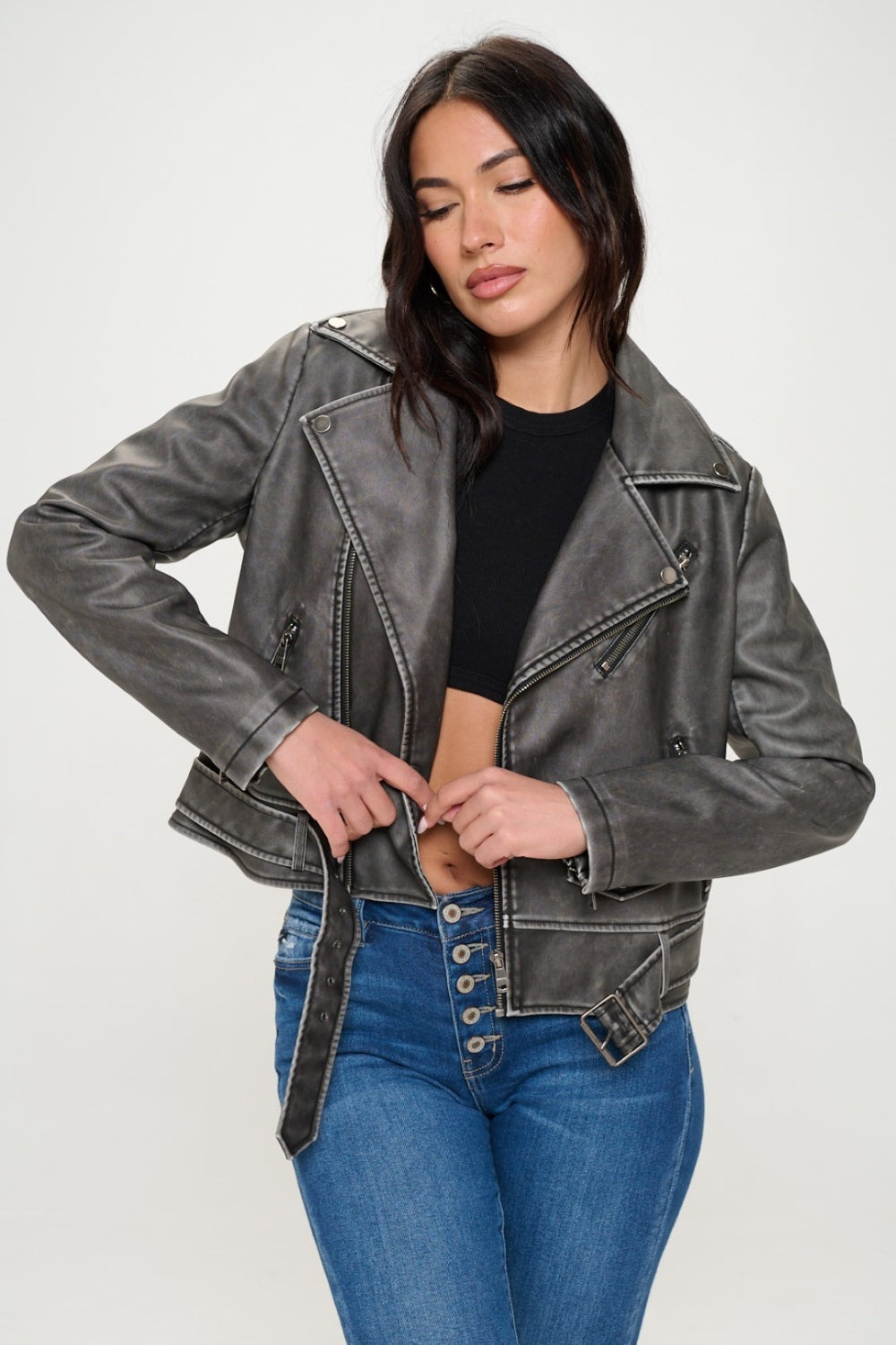 Coalition LA Zip Up Biker Jacket with Belt 