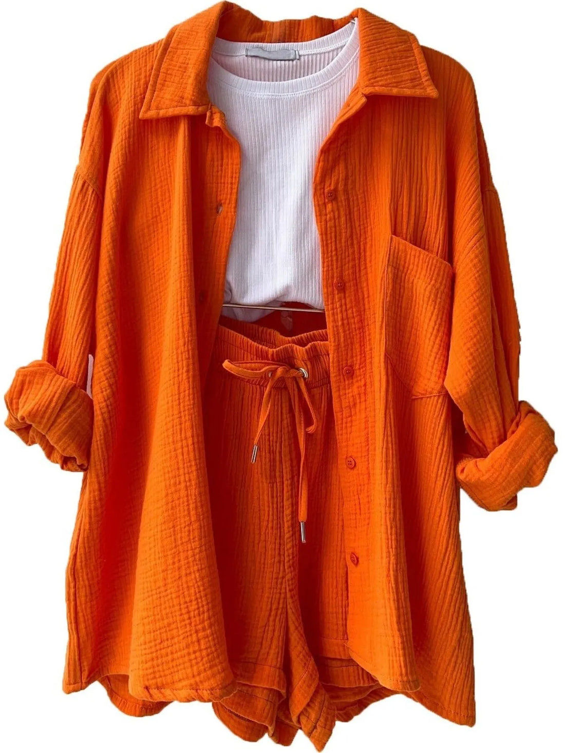 Textured Button Up Shirt and Shorts Set Two Piece Dresses