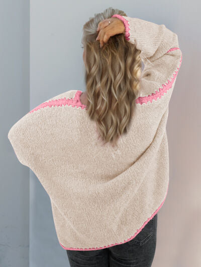 Double Take Contrast Open Front Dropped Shoulder Cardigan 