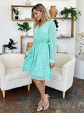 Double Take Full Size Printed Ruched V-Neck Long Sleeve Dress 