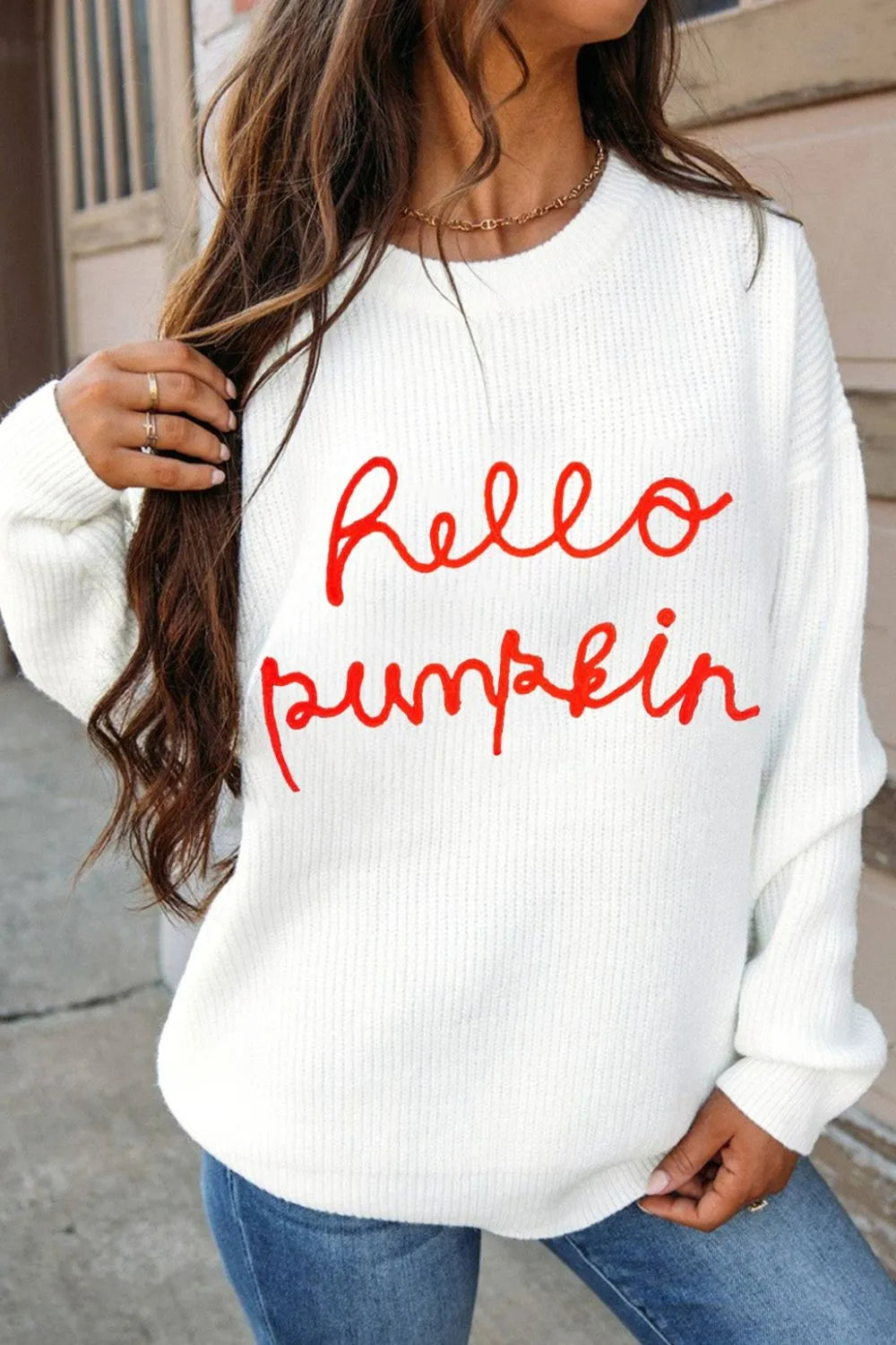 HELLO PUMPKIN Round Neck Long Sleeve Sweater 